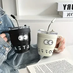Erkekler ve kadınlar için 16 onsluk termos bardaklar, paslanmaz çelik kahve fincanları, kulplu ve kapaklı taşınabilir Kawaii su şişeleri.