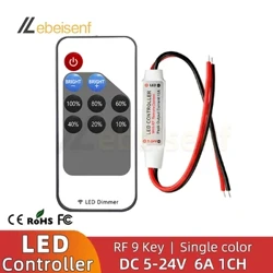 Mini-LED-Einzelfarb-Dimmer DC 5V 12V 24V 6A 5050 2835 Lichtstreifen Konstantspannung PWM-Signal-Controller mit RF 9-Tasten-Fernbedienung