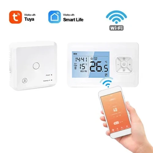 Teirmeastat Gan Sreang Cliste Teirmeastat Gan Sreang In-ríomhchláraithe le Glacadóir RF Tábla Stíl Balla-suiteáilte APP Rialú Gutha Rialúcháin