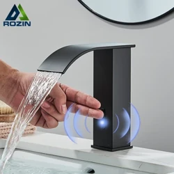 Rozin Nero Smart Sensor Rubinetto per lavabo da bagno Touchless Sensore automatico Miscelatore Cascata Acqua calda e fredda Lavabo Gru