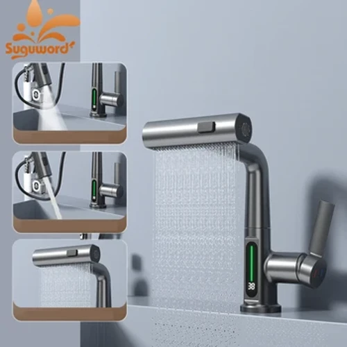 Robinet de lavabo à affichage numérique intelligent, 3 fonctions, bec de cascade extractible, mélangeur d'eau froide et chaude monté sur le pont, robinet de grue d'évier relevable