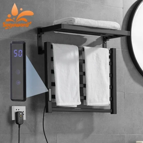 Intelligent Touch Display Elektrisk Värmehanddukshylla Väggmonterad Kolfiber Konstant temperatur Uppvärmning Badrumsförvaring