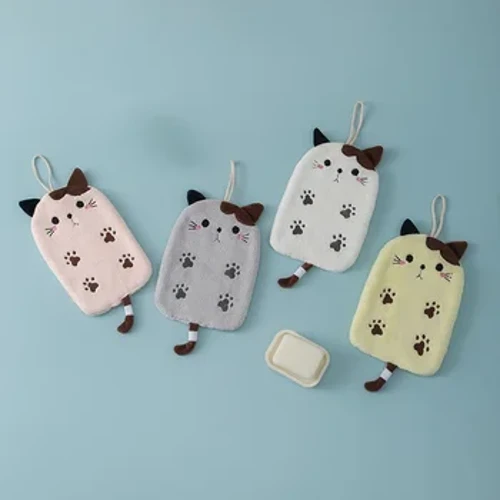Coral Velvet Platt Katt Broderad Handduk Badrum Hängande Absorberande Handduk Kök Badrum Fyrkantig handduk med dubbla ändamål
