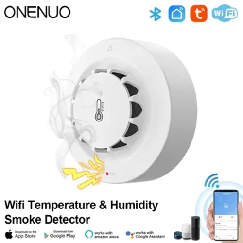 ONENUO WiFi Detector de fumaça Alarme de fumaça de incêndio com detecção de temperatura e umidade 80dB Som para Alexa Google Home Tuya Smart Life