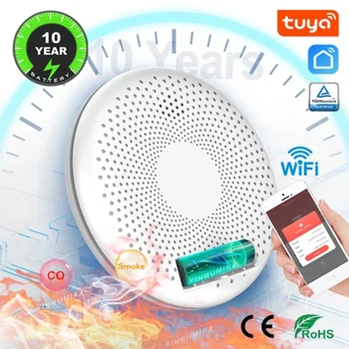 Ceallraí 10 mBliain 2 In 1 Feidhm wifi Tuya Smart Life Co & Brathadóir Deataigh Aonocsaíd Charbóin Siopa Cistine Braiteoir Aláraim Fuaime Dóiteáin
