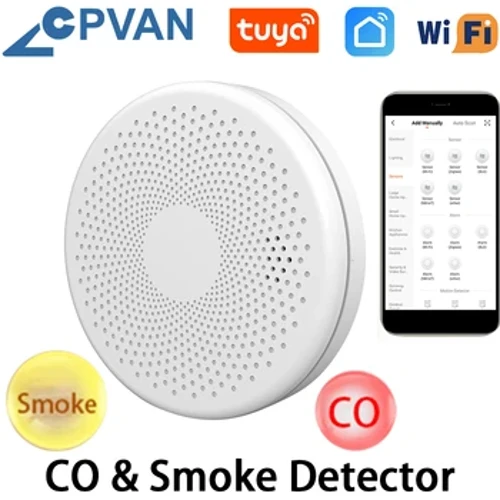 CPVAN WIFI rökdetektor Tuya CO-sensor 2 i 1 Smart Life Trådlös kolmonoxidgasbrandlarm för hemsäkerhetsskydd