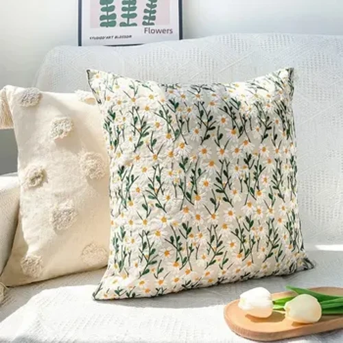 Embroidered Daisy Field Cushion Cover Luxury Rustic Style Detachable Square Pillowcase Para sa Window Seat Bedding