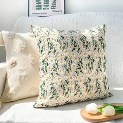 Embroidered Daisy Field Cushion Cover Luxury Rustic Style Detachable Square Pillowcase For Window Seat Bedding