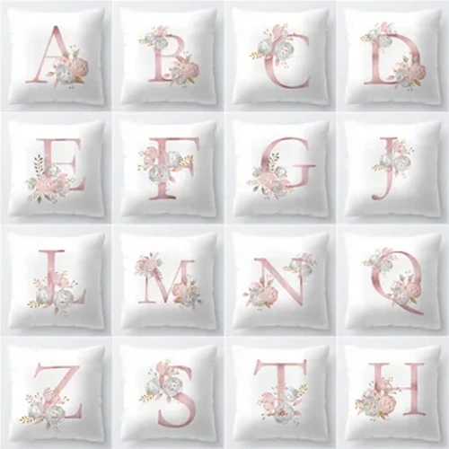 Oreiller décoratif à fleurs avec lettres roses, coussin Alphabet doré pour canapé, taie d'oreiller en Polyester, décoration de Salon