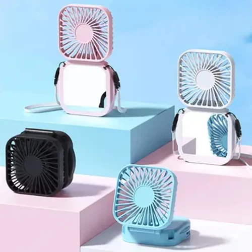 Novedad de verano, Mini ventilador de cuello plegable para playa, espejo de maquillaje portátil USB, pequeño regalo de seguidor