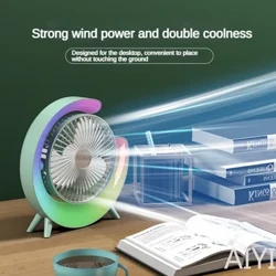 Mini Portable Fan USB Desk Fan Dësch Staark Loftfloss & Roueg Operatioun Faarweg Lampe 3 Geschwindegkeet Wand 360 ° Rotéierbar Standing Fans