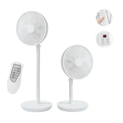 2'si 1 arada sessiz fan, 7 Helis, ayakta fan ve masa üstü fan, yüksekliği ayarlanabilir 70-102cm, çap 34cm, uzaktan kumandalı ve zamanlayıcılı 3 hız, 220V 45W, 3D salınımlı