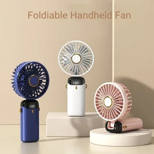 USB Rechargeable Mini Handheld Fan, 5 Speeds, With Digital Display 90° Folding So The Base Can Be Used As A Cell Phone Stand