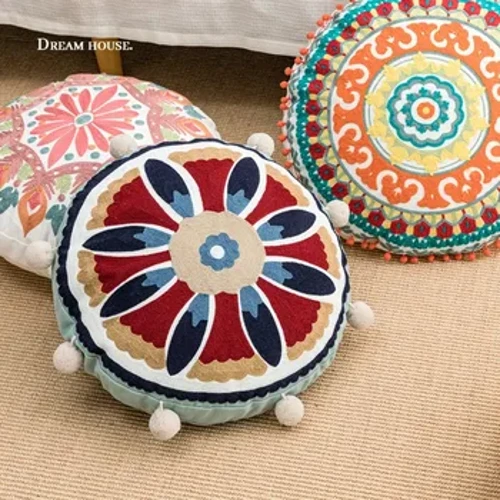 Oreiller à pampilles en dentelle personnalisé, Style ethnique bohème, en coton brodé, rond, housse de coussin