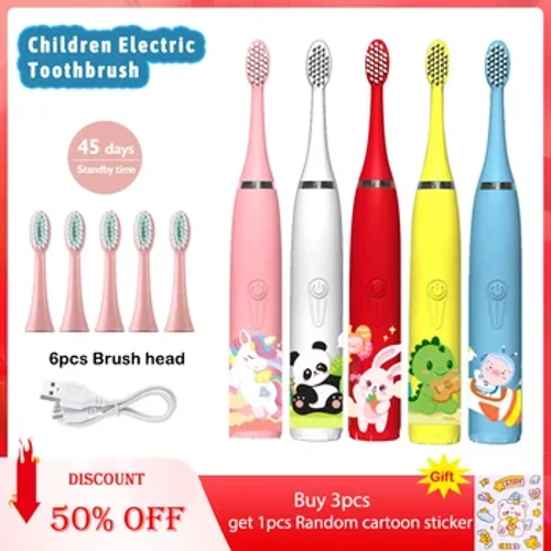 Sonic Electric Toothbrush IPX7 Waterproof Na May Kapalit na Heads Automatic Rechargeable Colorful Children Cartoon Brush Para sa Mga Bata