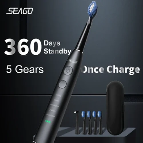 Seago brosse à dents électrique sonique USB Rechargeable adulte 360 ​​jours d'autonomie avec 4 têtes de rechange cadeau SG-575