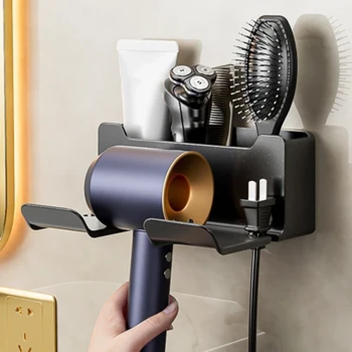 Rack de banheiro multifuncional com compartimento para secador de cabelo e cestas de armazenamento