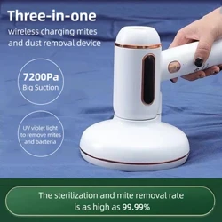 Aspiradora portátil inalámbrica para cama, instrumento de eliminación de ácaros del hogar, esterilización con lámpara UV, 7200PA, 120W