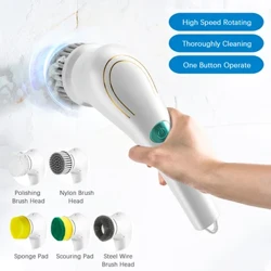 Elektresch Spin Botzen Pinsel mat 5 PCS Heads Cordless Portable Scrub Pinsel Handheld Scrubber Gëeegent fir Buedzëmmer Kichen Tool