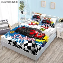 Juego de sábanas ajustadas elásticas para coche de carreras deportivo, Funda de colchón con coches de dibujos animados con elástico doble, tamaño Queen King para niños