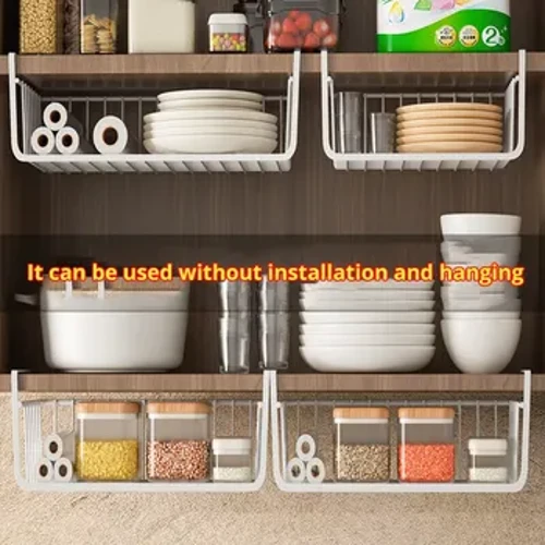 1pc Gwyn/Du Crog Basged Net Deunydd Haearn Gallu mawr yn hongian o dan y cabinet wal wardrob storio offer cegin basged