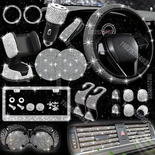Auto Accessoiren Set 27/4 Stéck Fraen Bling Universal Fit Polyester Lenkdeckel Glänzend Lizenz Frame Telefon Holder Aachterbunnen Tools