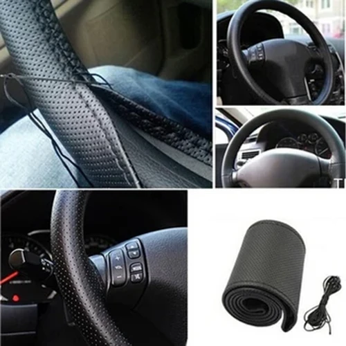 Dubh 37-38cm Clúdaíonn Stíleáil Gluaisteán DIY Auto PU Gluaisteán Stiúrtha Leathar Le Snáthaidí Agus Gabhálais Taobh istigh Snáithe