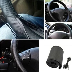 Dubh 37-38cm Clúdaíonn Stíleáil Gluaisteán DIY Auto PU Gluaisteán Stiúrtha Leathar Le Snáthaidí Agus Gabhálais Taobh istigh Snáithe