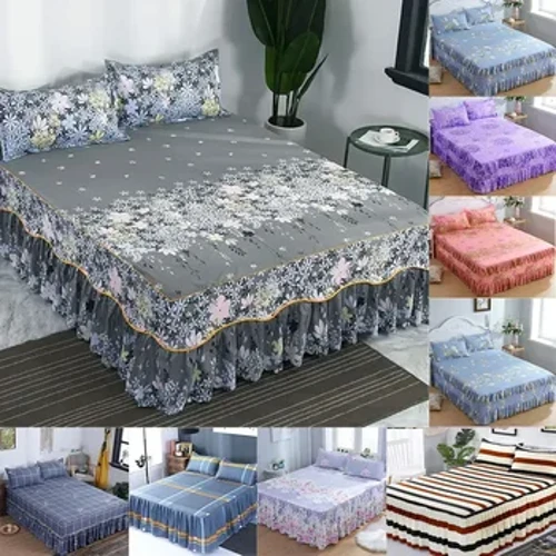 3PCS/Set Bed Sheet Set Flower Bedspread - Non-Slip Bed Dress Sheet for King/Queen Size 1.5M/1.8M/2M Beds Soft Home Moemoe Cover