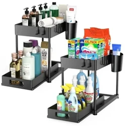 2 Tingkat Di Bawah Wastafel Organizer Sliding Kabinet Keranjang Organizer Rak Penyimpanan dengan Kait Cangkir Gantung Kamar Mandi Dapur Organizer