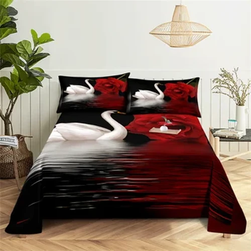 Flower Queen Sheet Set White Swan Girl, Lady's Room Bedding Set Mga Bed Sheet at Pillowcases Bedding Flat Sheet Bed Sheet Set