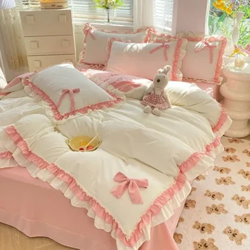 Copripiumino con volant in pizzo rosa e fiocco, gonna da letto, biancheria da letto, federe, set di biancheria da letto di lusso per ragazze, donna, arredamento per la casa