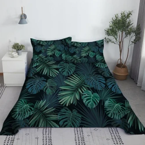 Bộ ga trải giường lá nhiệt đới xanh Bộ giường in 3D Tấm phẳng có vỏ gối Polyester mềm Full Twin Size bán buôn