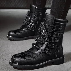 Amabhuzu okuhamba ngebhayisikili amasizini amane amabhuzu ezithuthuthu zamadoda angaphandle kanye nosayizi ophezulu phezulu amabhuzu esikhumba avamile imfashini ye-British Anti slip boot