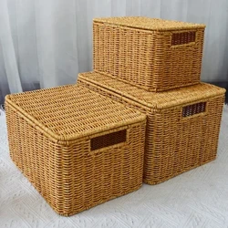 Keranjang Penyimpanan Tenun Tangan dengan Tutup Keranjang Jerami Rotan Jepang Laundry Pakaian Organizer Lemari Pakaian Tenun Tangan