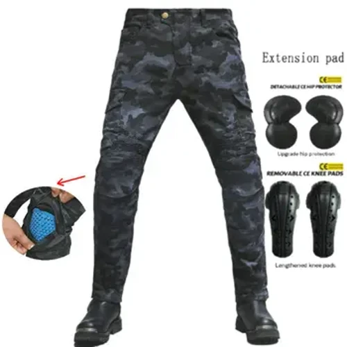 Volero Motozikleta Gidatzeko Galtzak Babesteko praka zuzen solteak Camo Blue Knight Txirrindularitzako praka informalak, errebote motelarekin