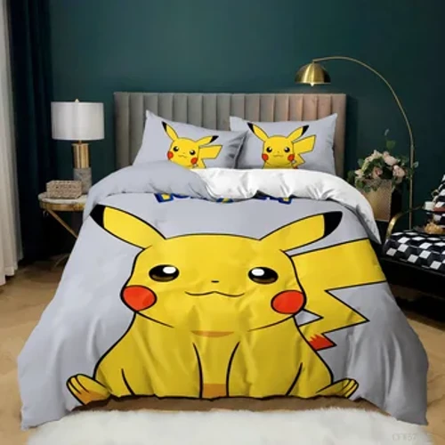 Set Dillad Gwely Anime 3D Argraffwyd Pokémon Cwilt Duvet Pikachu Addurn Perifferol Teuluol Cartref Clawr Tecstilau Cynnes Set Dillad Gwely