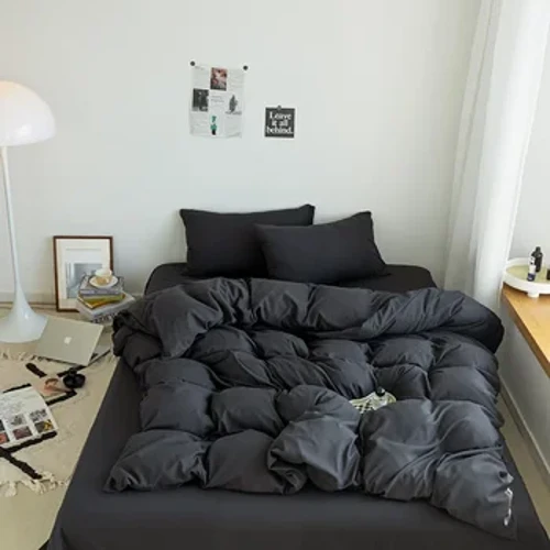 Set di biancheria da letto nero per ragazzi e ragazze, camera da letto, copripiumino in cotone lavato, federa, copriletto, set di lenzuola alla moda semplice
