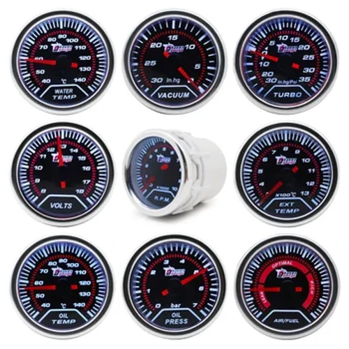 Boost / Waasser Temp / Ueleg Temp / Ueleg Press / Volt / Tachometer / Loft Brennstoff Verhältnis / EGT Gauge 52mm Analog LED Wäiss Case + 52MM Gauge Pods