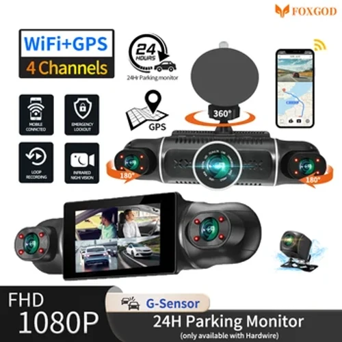 Kaʻa DVR Dash Cam WiFi GPS FHD 4 Lens*1080P Dashboard Camera 24Hr Parking Monitor Loop Video Recorder Night Vision Black Box