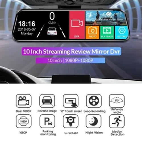 Acceo A20P DVR per auto 10 pollici Touch IPS Supporto per specchietto retrovisore Telecamera per retromarcia Dashcam Videoregistratore per auto