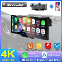 10,26" 4K Dash Cam Zadní kamera WIFI Carplay & Android Auto Dual Lens Auto DVR Videorekordér AUX GPS 24H BT FM zrcadlový monitor