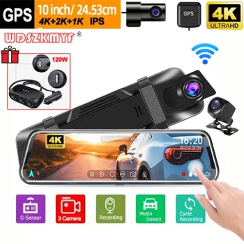 10 colių 4K galinio vaizdo veidrodėlis GPS 3Lens Dash Cam automobiliams Galinio vaizdo kamera transporto priemonėms automobiliams DVR vaizdo įrašymo įrenginys, dovanoti automobilio priedai