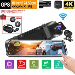 10 colių 4K galinio vaizdo veidrodėlis GPS 3Lens Dash Cam automobiliams Galinio vaizdo kamera transporto priemonėms automobiliams DVR vaizdo įrašymo įrenginys, dovanoti automobilio priedai