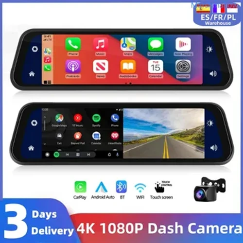 Dash Câmera 4K CarPlay Monitor de espelho Android Auto Navigação Touch Tela Trow View Video Recording Video CAR DVR Controle de voz