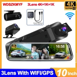 Drych 10 modfedd o'r cefn GPS 3Lens Dash Cam ar gyfer Ceir 4K Rear View Camera ar gyfer Cerbyd Wifi Car Recordydd Fideo DVR Car Assecories