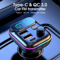 Brzo punjenje u automobilu Bluetooth 5.0 FM odašiljač PD Dual Player Music Type-C Šareno ambijentalno MP3 svjetlo Upaljač za cigarete USB C0E3