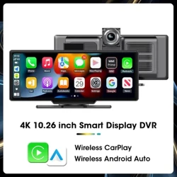10.26 "Display de carro 2K e 1080p Lens dupla DVR Video Video Wireless CarPlay e Android Auto 1920*1080p Unidade de cabeça portátil