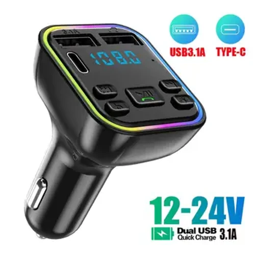 Car Newydd Trosglwyddydd FM sy'n gydnaws â Bluetooth Math-C Gwefrydd Cyflym USB Deuol Lliwgar Cerdyn TF Extender Sain Amgylchynol Golau