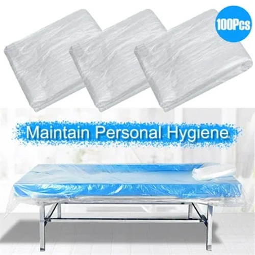 100pcs Wegwerf Plastik Couch Cover Bettdecken SPA Massage Behandlung Dësch Blieder Transparent Schéinheet Bett Waasserdicht Film
